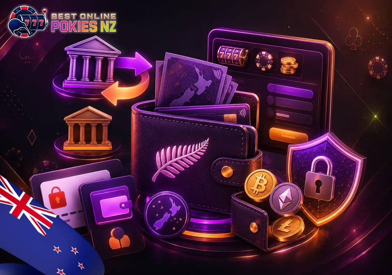 Payment methods for NZ online pokies with NZD wallet, POLi-style transfer, Paysafecard-style voucher, e-wallets, and crypto