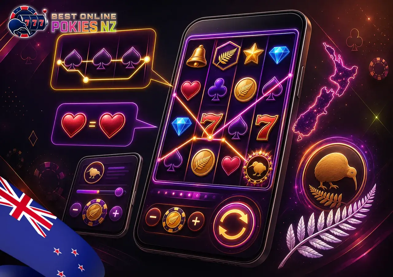 Explanation of online pokies for New Zealand players with reels, paylines, Wild symbols, and Scatters